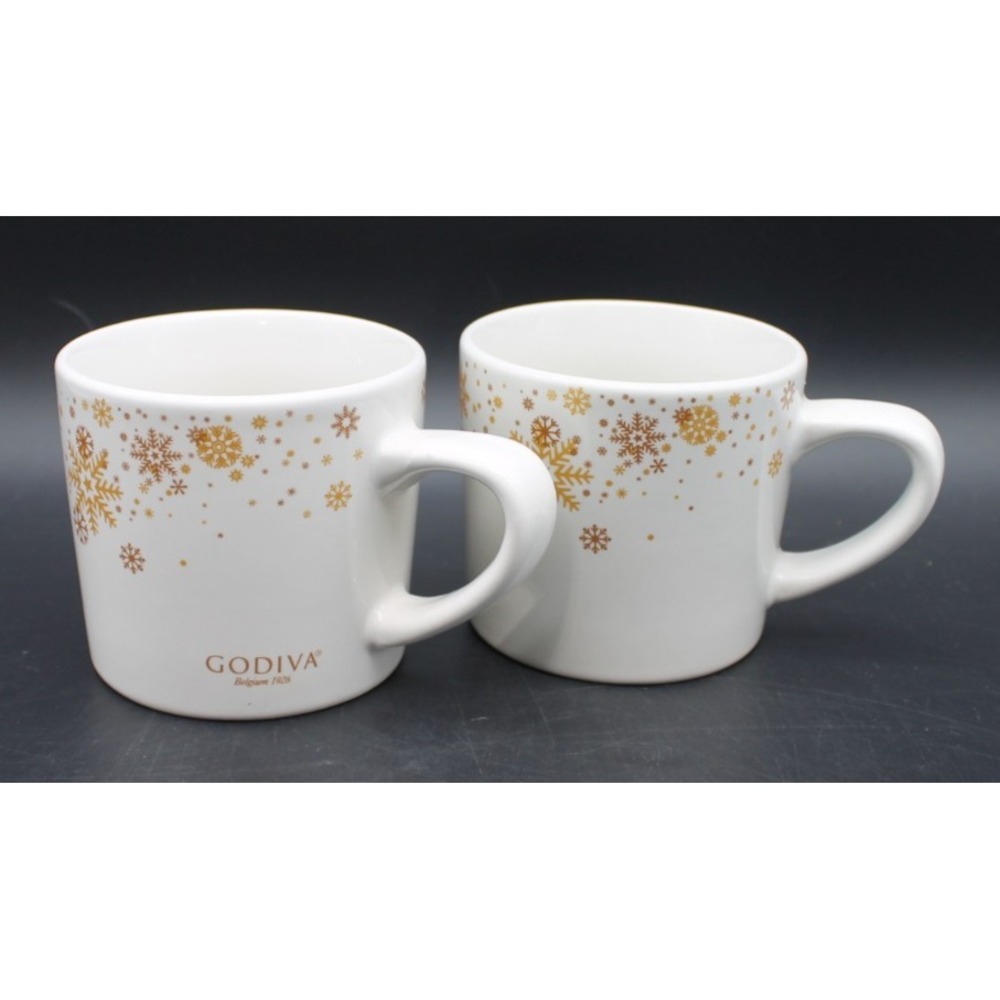 Godiva Set of 2 Cappuccino Mugs White Gold Snowflake Holiday Coffee Cups